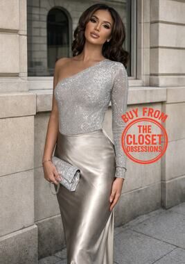 ZARA Silver Rhinestone One Shoulder Bodysuit NWT Party Top Size L